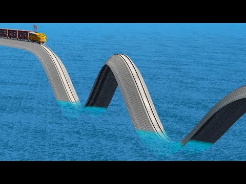 Impossible Weird W Shape Rail Wave Tracks Vs Trains Crossing Giant Pit - BeamNG.Drive