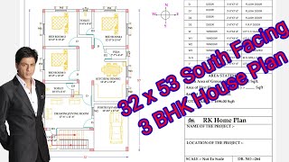 32 x 53 South Facing 3 BHK House Plan. #houseplan