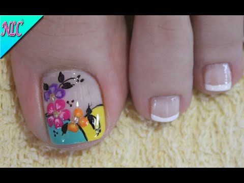 DISEÑO DE UÑAS PARA PIES FLORES Y FRANCÉS CON COLORES – FRENCH NAIL ART – FLOWERS NAIL ART – NLC