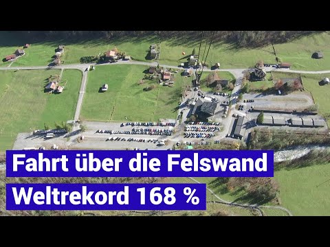 Die Fahrt über die Felswand - Talfahrt steilste Luftseilbahn der Welt - TSB Stechelberg - Mürren