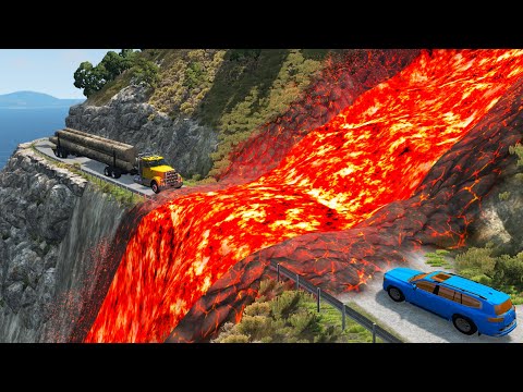 Cars vs Lava River Crosses Road 😱 — BeamNG.Drive — Rescind Gaming