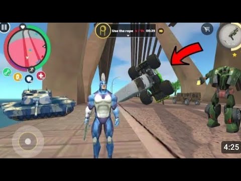 Rope Hero Vice Town (Green Monster Truck and VAN Car Stuck with Glue on Bridge)- Android Gameplay HD