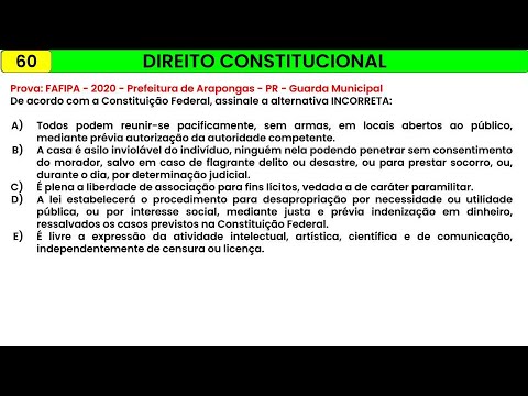 1100 - Direito Constitucional- Prova : FAFIPA - 2020  Prefeitura de Arapongas - PR  Guarda Municipal