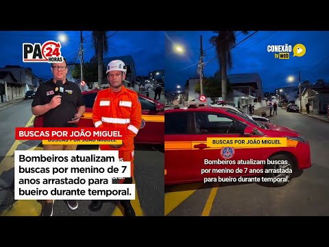 Vídeo: Bombeiros atualizam buscas por menino de 7 anos arrastado para bueiro durante temporal.