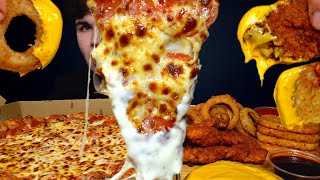 ASMR MUKBANG EXTRA CHEESY PIZZA CRISPY CHICKEN HASH BROWNS & ONION RINGS | WITH RANCH | Magic Mikey
