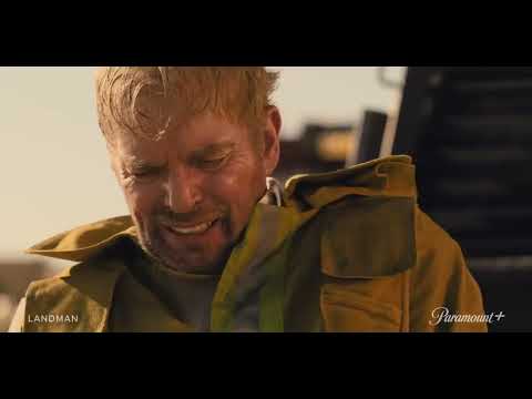 Landman trailer: night rigs and flare stacks, blue-orange contrast over the oil patch