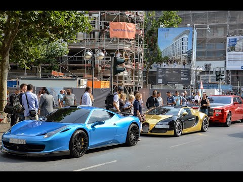 Golden Bugatti Veyron + Ferrari 458 Hamann driving in Frankfurt