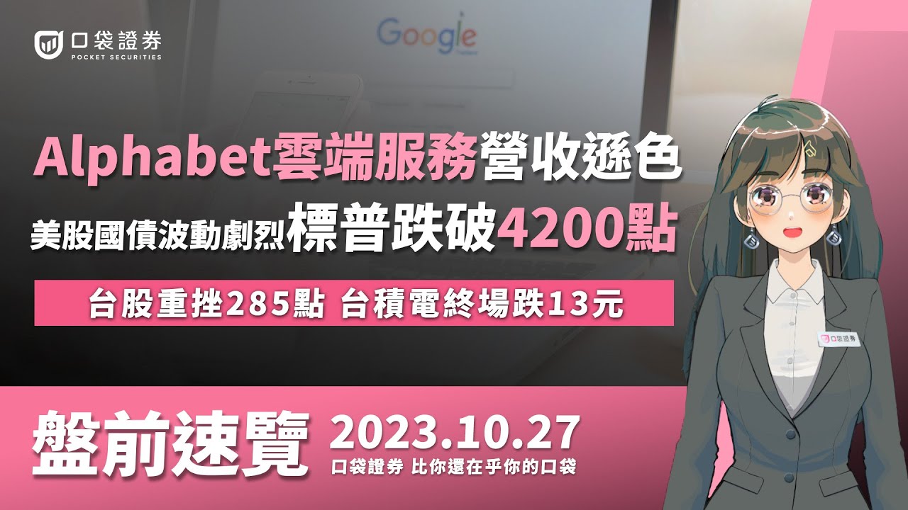 2023.10.27 星期五-Alphabet雲端服務營收遜色!美股波動劇烈標普跌破4200點,台股重挫285點,台積電終場跌13元!