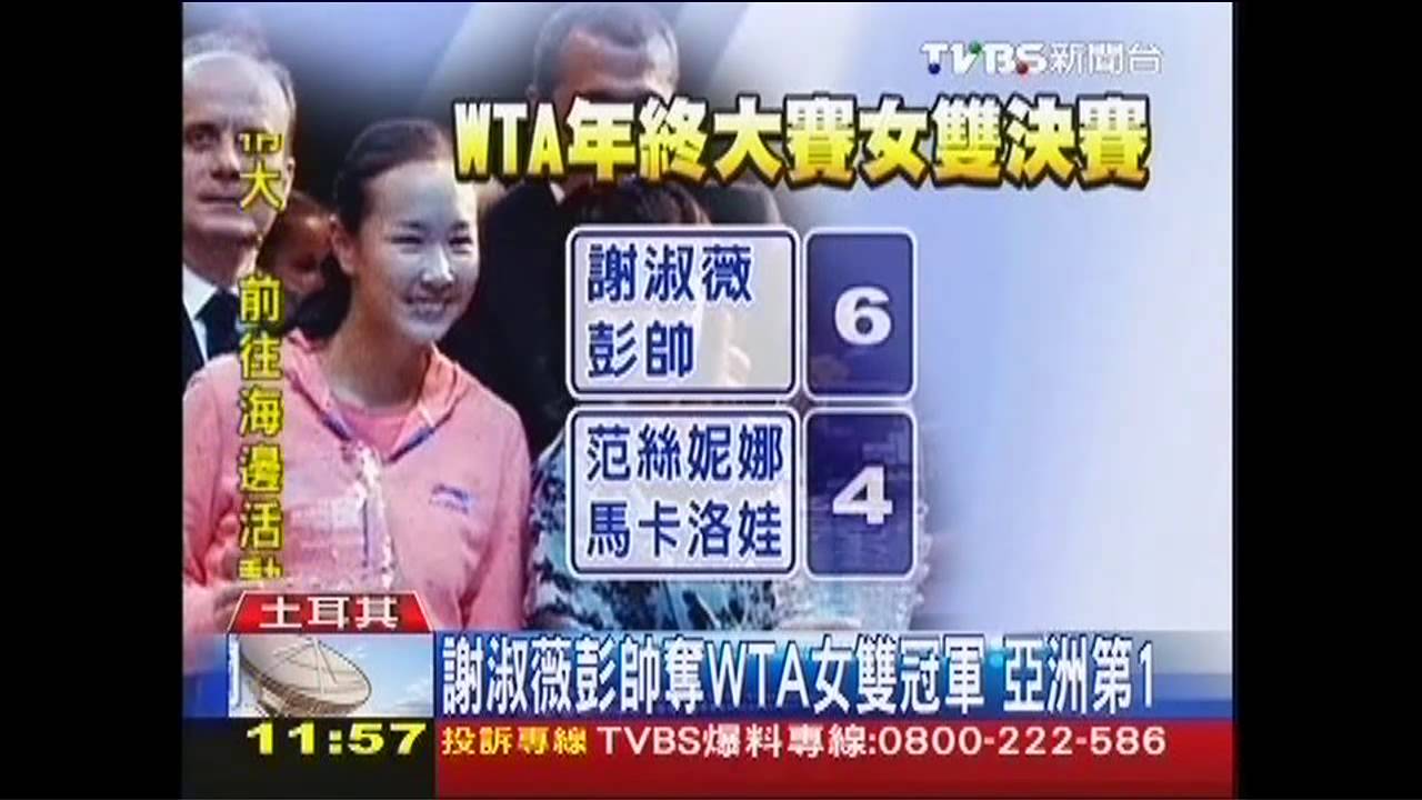 網球/謝淑薇彭帥奪WTA女雙冠軍 亞洲第1