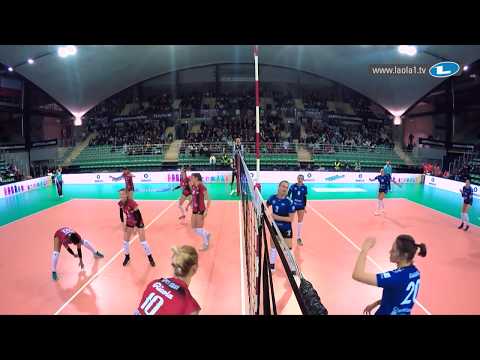 Jelena Blagojevic uses her foot before blocking to take the second set for Developres SkyRes RZESZOW