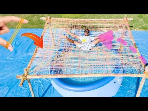 we made Trampoline using 25000 rubber bands 😱||biggest Trampoline 😈