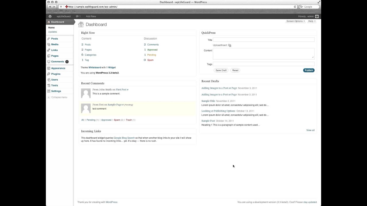 WordPress 102 -- The WordPress.org Dashboard