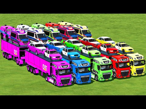 TRANSPORTING POLICE, ROLLS ROYCE, AMBULANCE & SURVIVOR WITH DAF TRUCKS! Farming Simulator 22