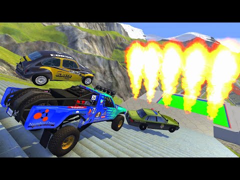 Stairs Jumps Down Through Fire In Green Slime Pool - BeamNG.drive Down Stairs Jumps (Crash Test)