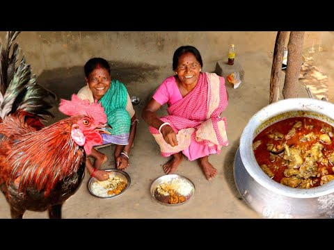 RED COUNTRY CHICKEN curry cooking and eating with rice by our santali grandma||rural village ind.