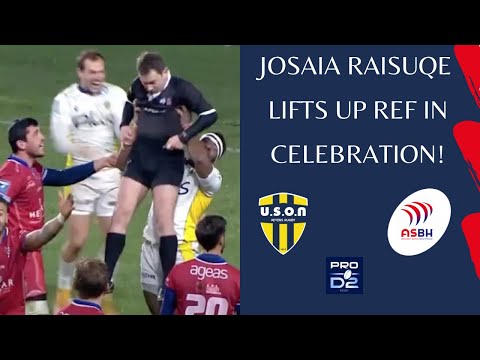 Josaia Raisuqe lifts the referee in celebration and immediately gets red carded, Rugby bloopers