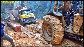 Aqui o bicho pega - Trator florestal puxando caminhão pesado no atoleiro!