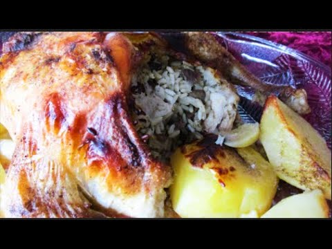 Stuffed chicken with rice, livers and potatoes in the oven - Cooking