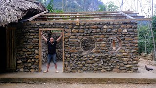 PRIMITIVE SKILLS; Build Stone House - BUILD LOG CABIN with many stones in the mountain