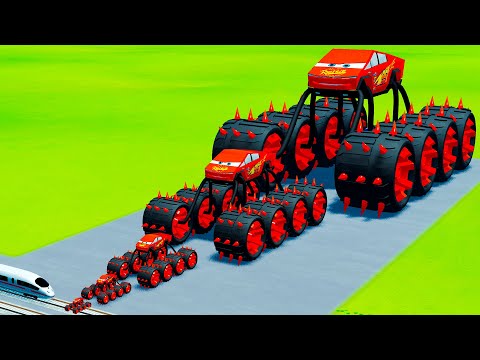 Big & Small McQueen Spiked Monster Trucks vs Trains | BeamNG.Drive