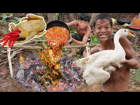 Primitive Technology - New style cooking geese in clay hole - Eating delicious#04