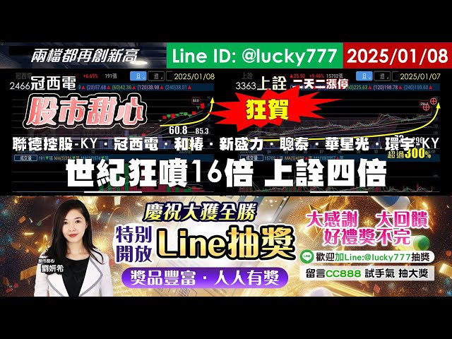 01/08【甜心盤後影音】狂賀～世紀狂噴16倍～上詮四倍～聯德控股-KY．冠西電．和椿．新盛力．聰泰．華星光．環宇-KY