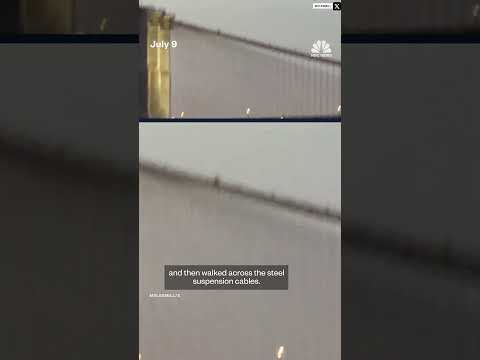 Man climbs the Brooklyn Bridge and walks along the suspension cables