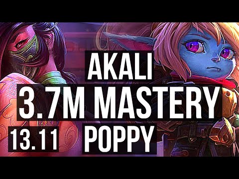 AKALI vs POPPY (TOP) | 3.7M mastery, 1100+ games, 3/1/6 | KR Master | 13.11