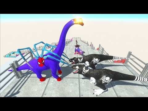 SPIDERMAN BRACHIO vs 2X VENOM T-REX vs SUPERMAN SPINO DEATH FALL - Animal Revolt Battle Simulator