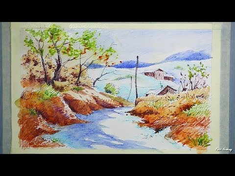 Mountains and Pine Tress Watercolor Pencil Landscape Drawing | steps to follow