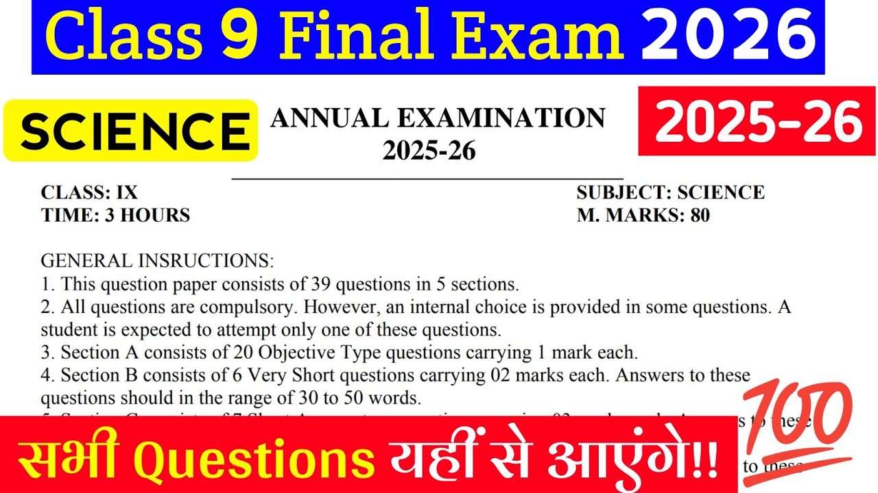Class 9 Science Final Exam Question Paper 2026 🔥