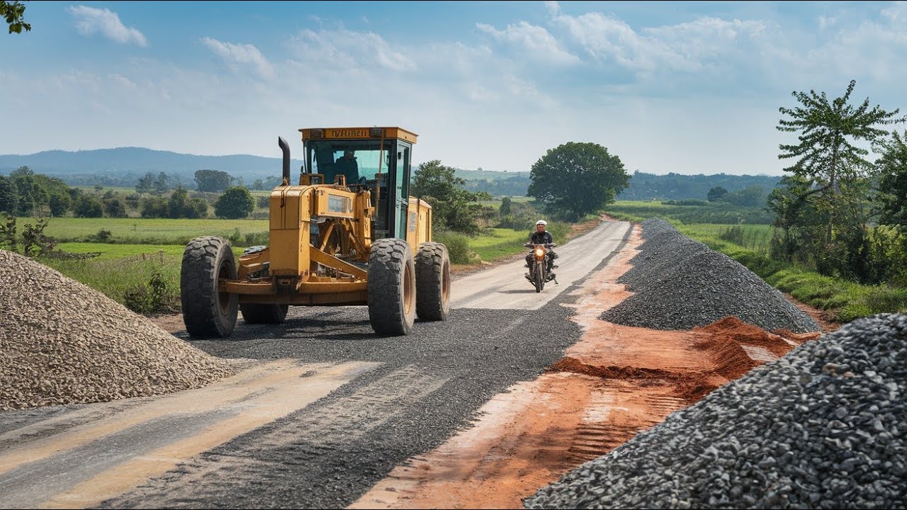 Amazing motor grader operating on a road foundation and spreading crushed gravel with precision