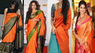 Gorgeous Bright Orange silk sarees with contrast blouse, Orange silk saree combination ideas