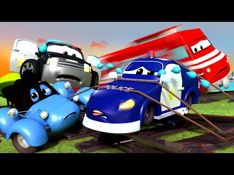 Der Streifenwagen in Autopolis -  An die Schienen gefesselt - Autopolis 🚒 Cartoons für Kinder 🚓