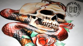 Skull And Snake Tattoo Design - Full Length (time lapse)