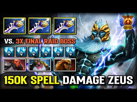 WTF 150K SPELL DAMAGE MID Zeus | 3X Magical Divine Rapiers Build Vs. 3X FINAL RAID BOSS 7.39c DOTA 2