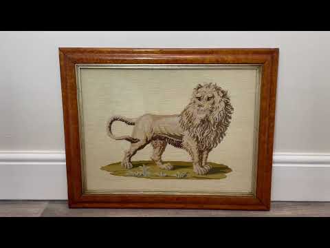 Victorian 19th Century Woolwork Artwork Standing Lion Tapestry