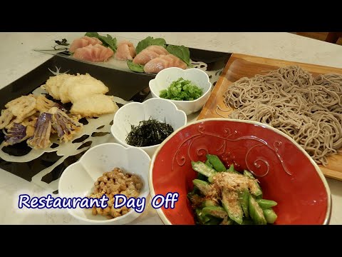 【Japanese Dinner 2 】Soba(buckwheat) Noodle with Tuna Sashimi, Okra, Veg Tempura & Natto