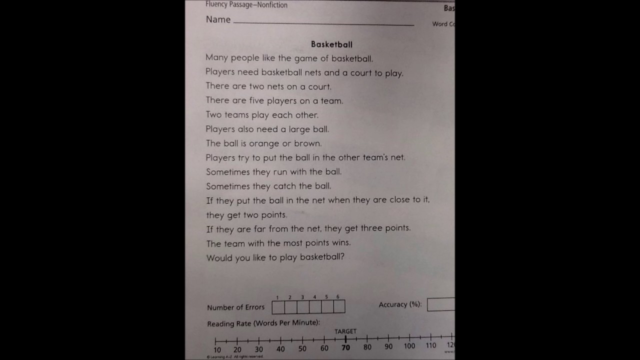 Fluency Test for 1st Grade - Basketball Example