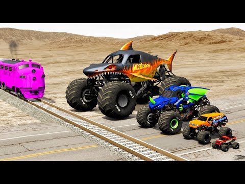 Small to Giant Monster Trucks vs Train and Potholes - BeamNG.drive