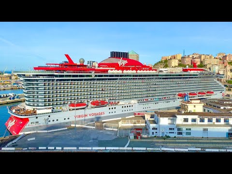 Scarlet Lady Virgin Voyages Cruise Ship in Port of Genoa Italy 4K