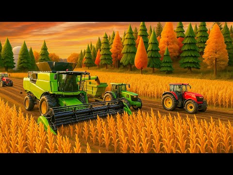 Farm Works: Tractor and Harvester Harvest Golden Rice Fields!