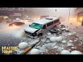 Heavy hail shattered car windows and flooded the streets in Abha, Saudi Arabia
