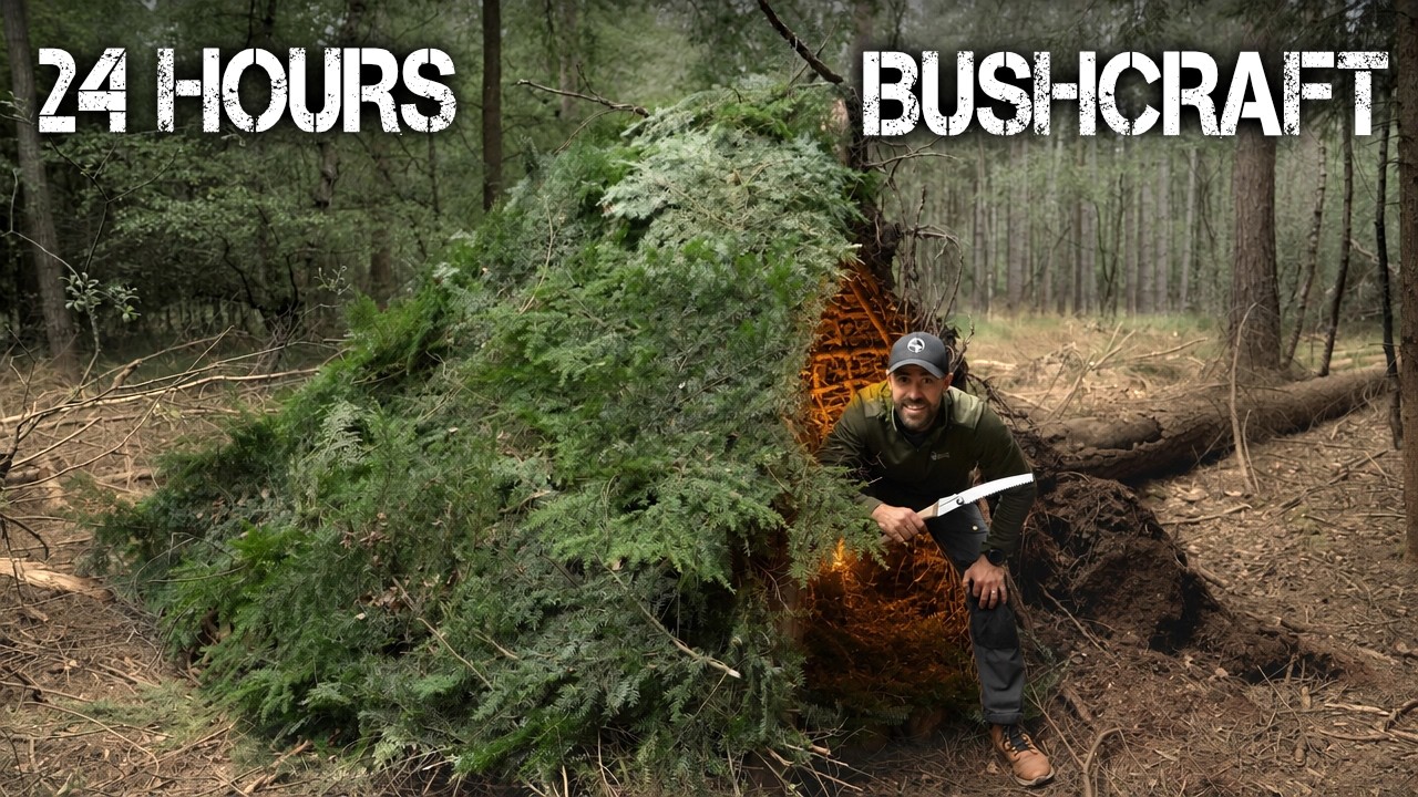 Building & Camping in Tree Root Bushcraft Shelter