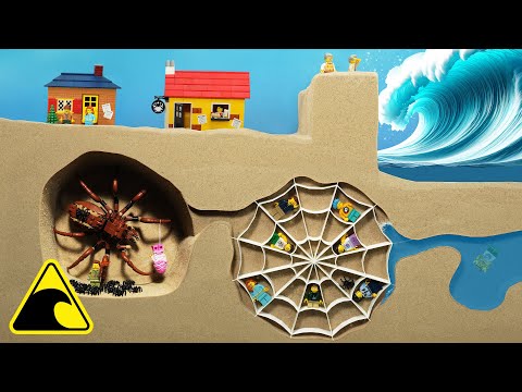 Giant Spider Lair Flooded by Tsunami - Lego Dam Breach Experiment