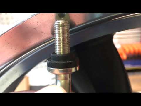 Motorcycle Angled Valve Stem Installed in Harley Dyna Switchback, Bikemaster chrome steal 45 degree