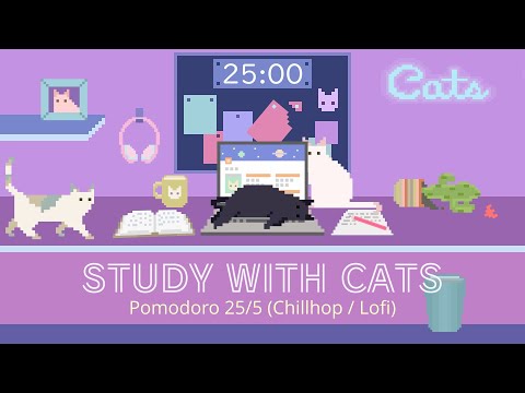 Study with Cats 🎧 Pomodoro Timer 25/5 x Animation | Chillhop | For studying / working / coding etc💜