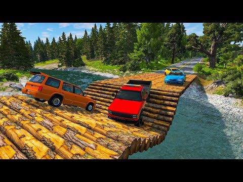 Cars vs Log Bridge with Reverse Speed Bumps - BeamNG Drive😱