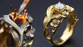 custom floral style engagement ring - making 18K gold engagement ring