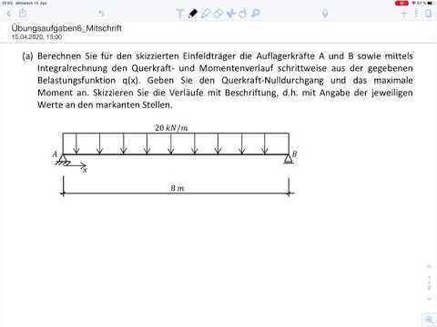 Exercise sheet 6, task a – Shear force and moment diagram via integral
